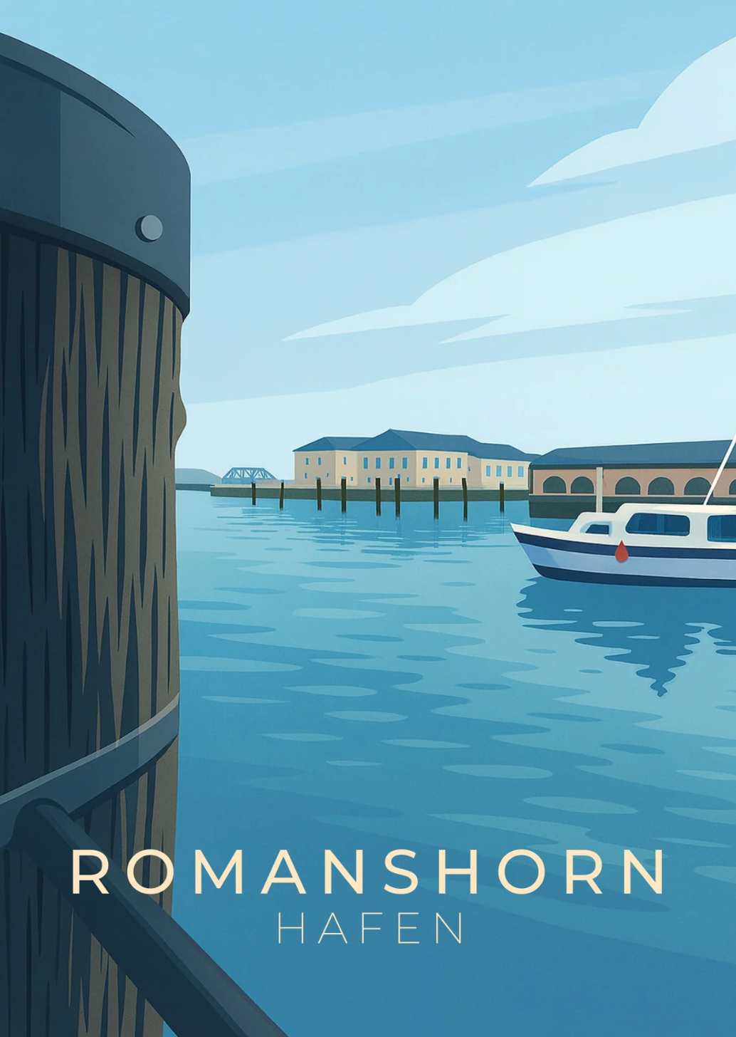 Postkarte vom Hafen in Romanshorn mit einer Dalbe und einem Schiff