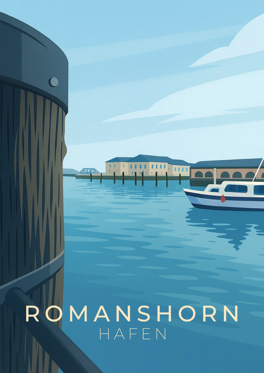 Postkarte vom Hafen in Romanshorn mit einer Dalbe und einem Schiff