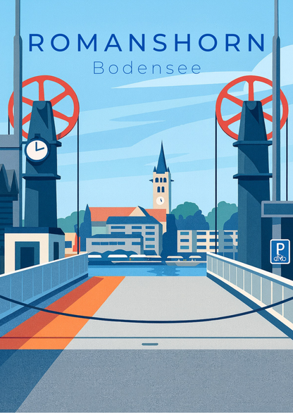 Postkarte Fährhafen Romanshorn – Bodensee Illustration Vorderseite