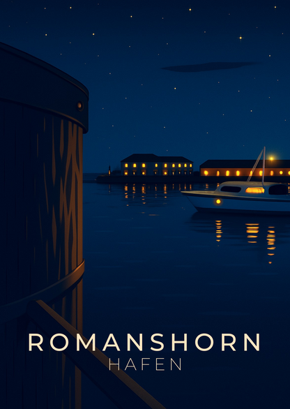 Postkarte Nachtstimmung Hafen Romanshorn – Bodensee Illustration Rückseite